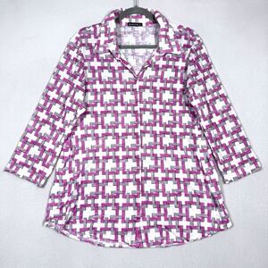 David Cline Top Womens XL Geometric Snap Front Blouse Artsy Pink 3/4 Sleeve USA